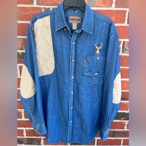 Magellan Mens Denim Long Sleeve Shooter’s Shirt with Embroidered Deer. Size Med